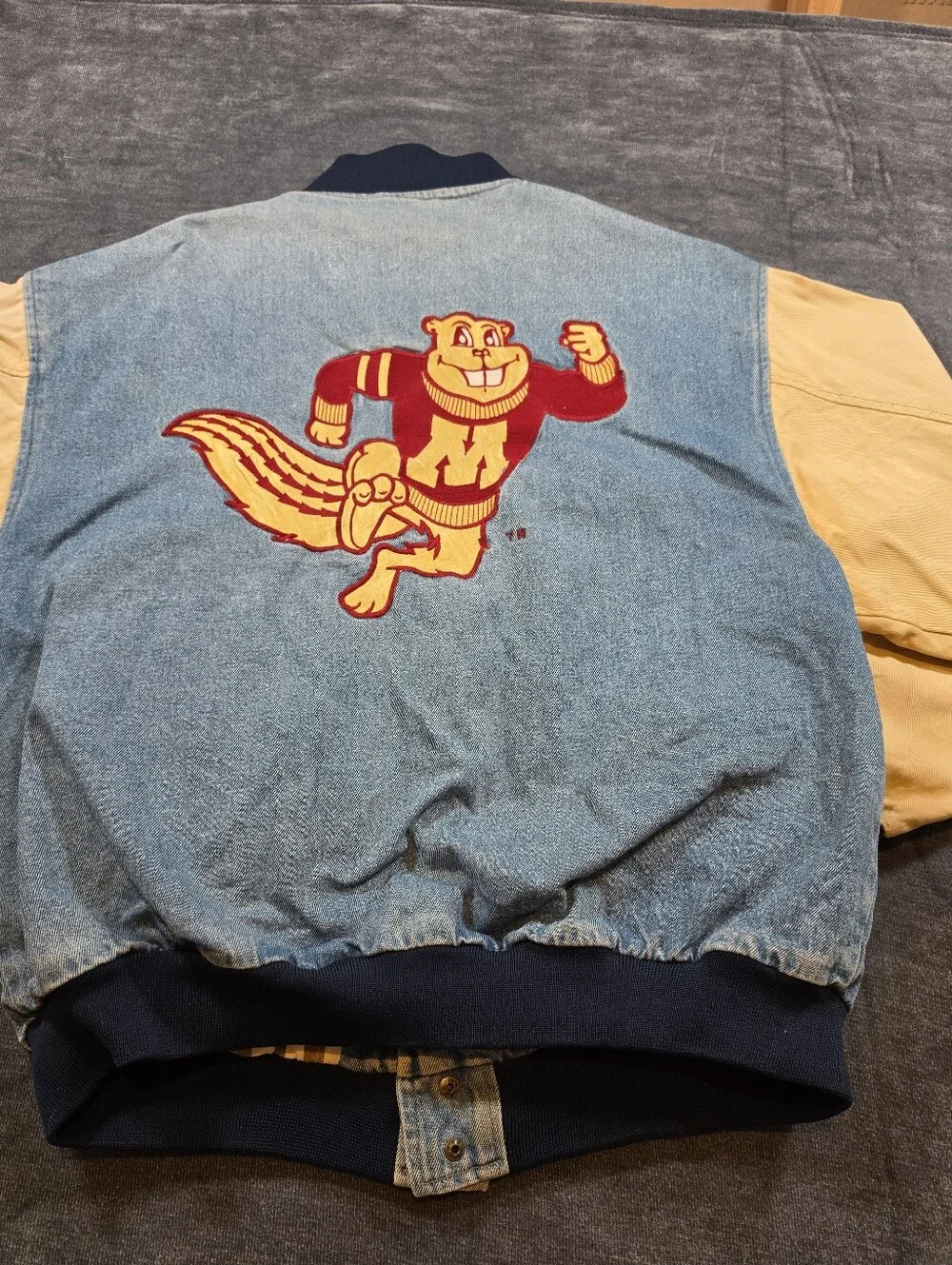 Vintage 90s University of Minnesota Golden Gophers Denim Varsity Bomber Jacket